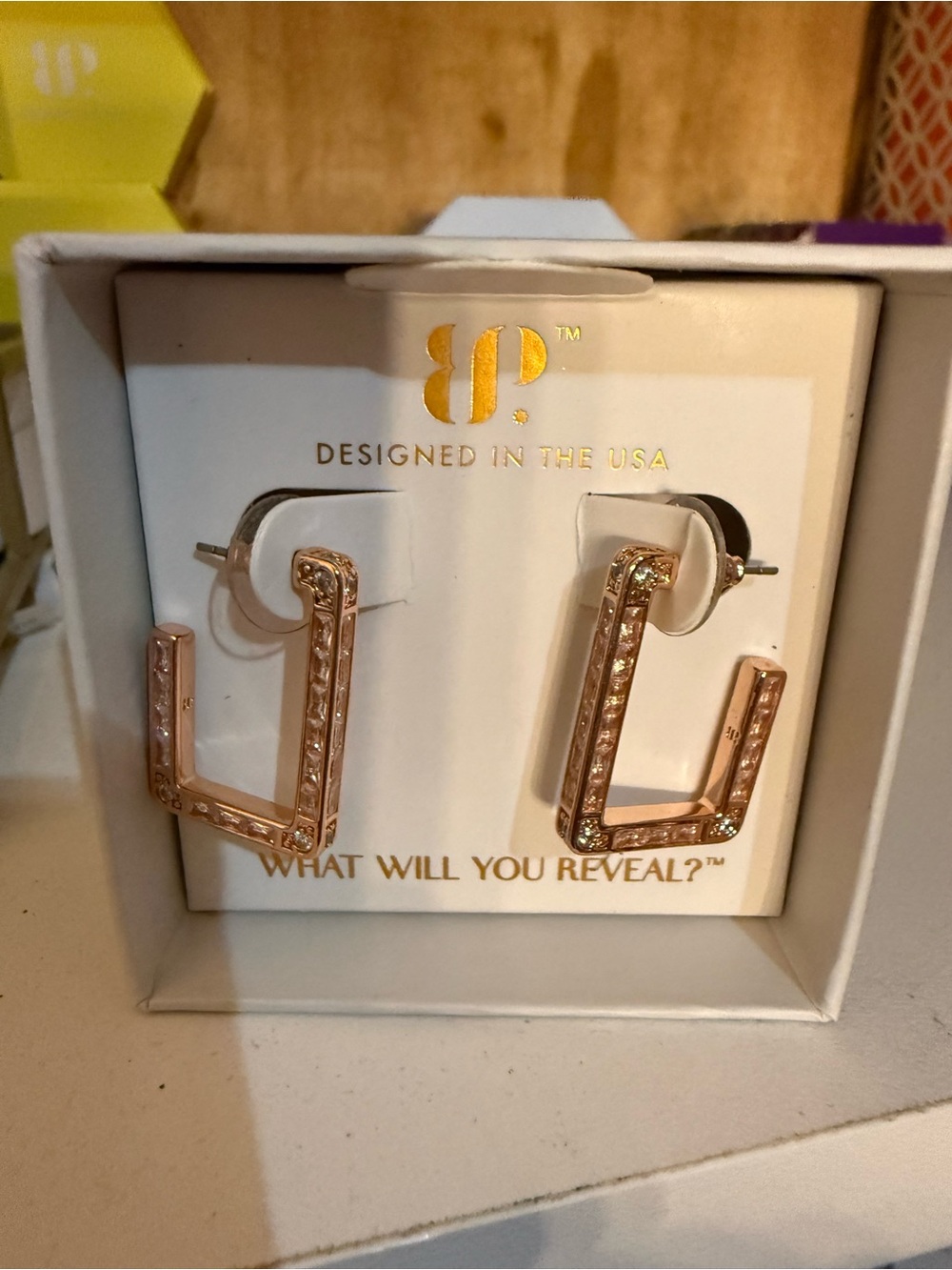 bp Rose Gold Square Hoop Earrings with Crystal Accents